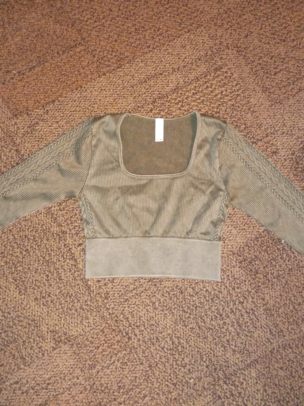 Square Neck Ribbed Long Sleeve Crop Top - Olive Green